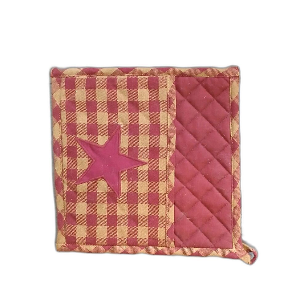 VHC Brands 8.5" square never used burgundy plaid sturdy pot holder pocket